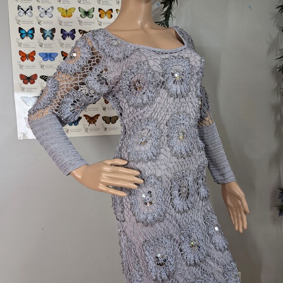 Vintage 90s y2k Newport News Gray Maxi Dress Crochet Beachy Fairycore Sequins M - Picture 3 of 11